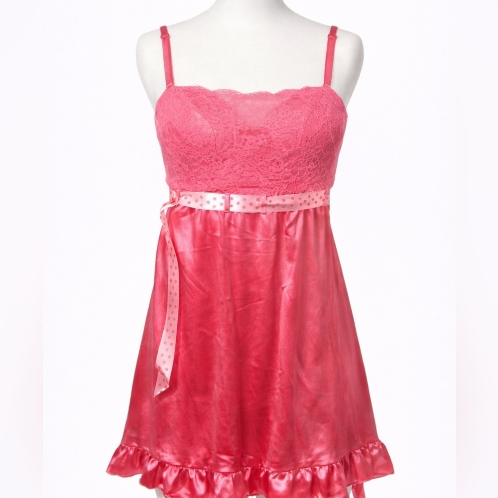 Y2K satin Barbie babydoll mini slip/cheminse with polka dot ribbon L coquette